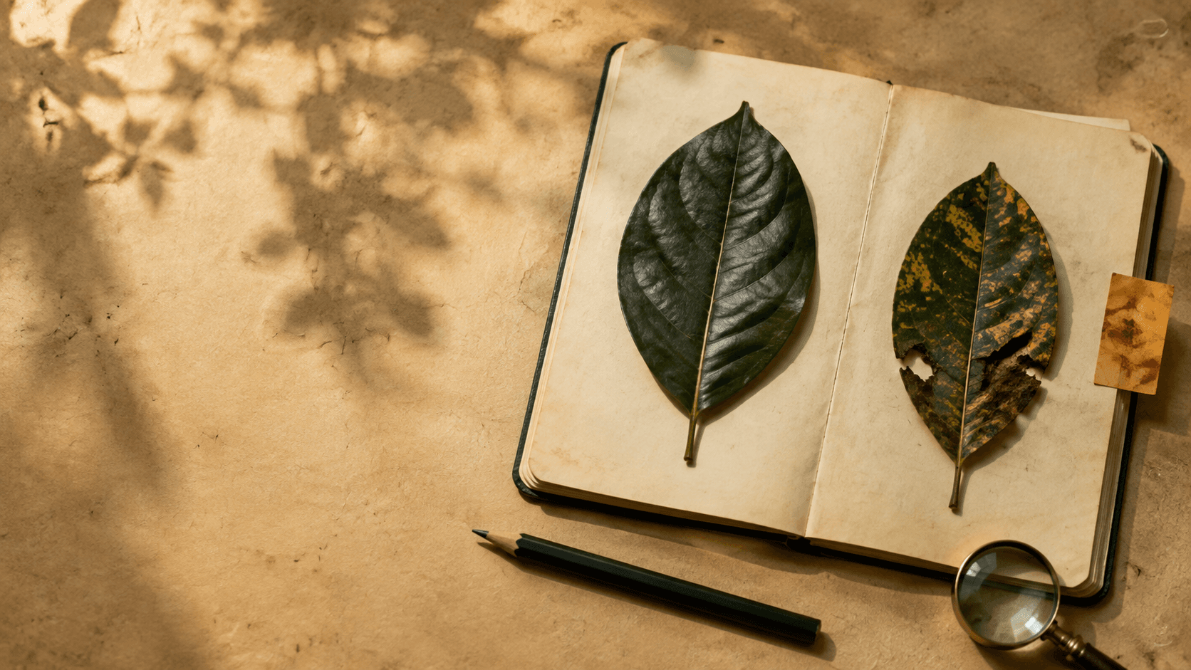 Field notebook with two leaves and a magnifying glass