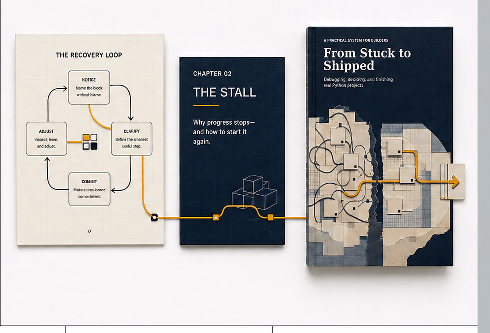 Inside pages of the From Stuck to Shipped field guide